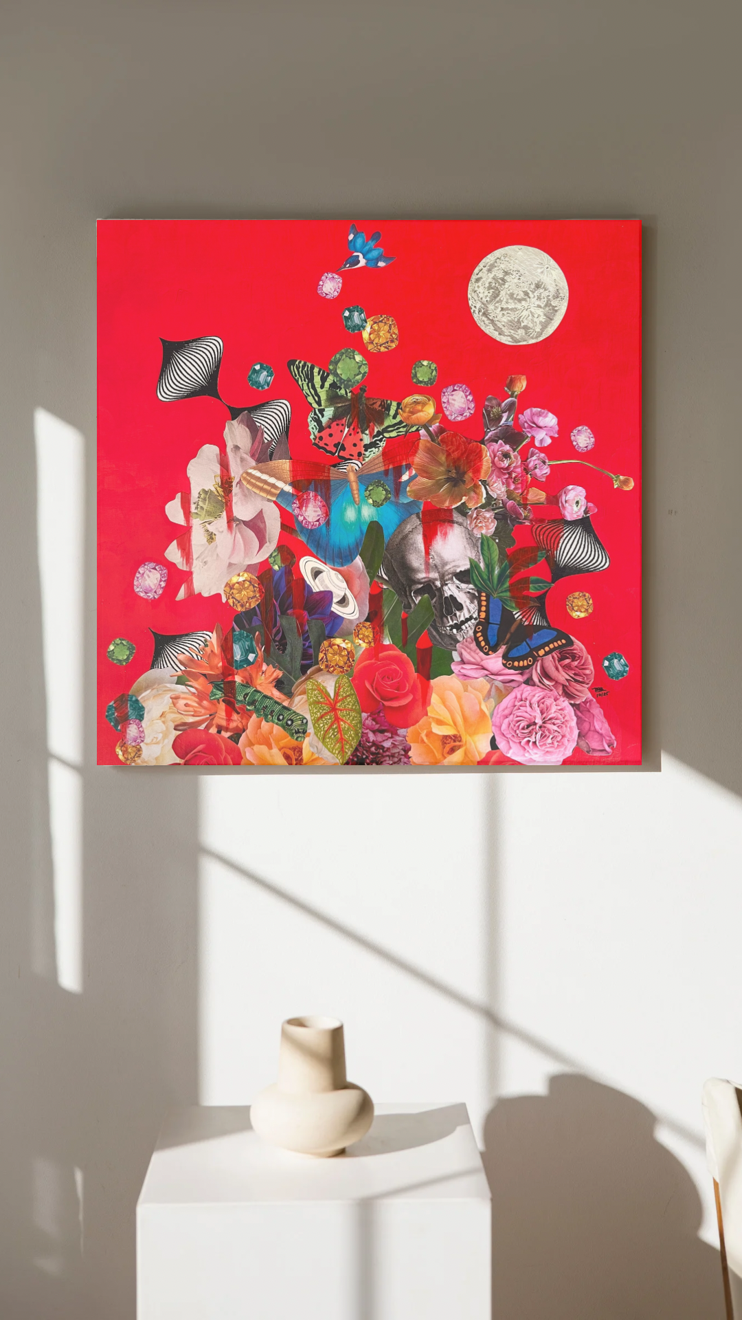 Vibrant collage and painting on canvas by Marjorie Blume.