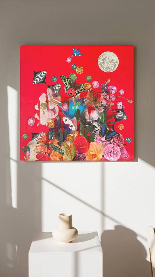 Vibrant collage and painting on canvas by Marjorie Blume.